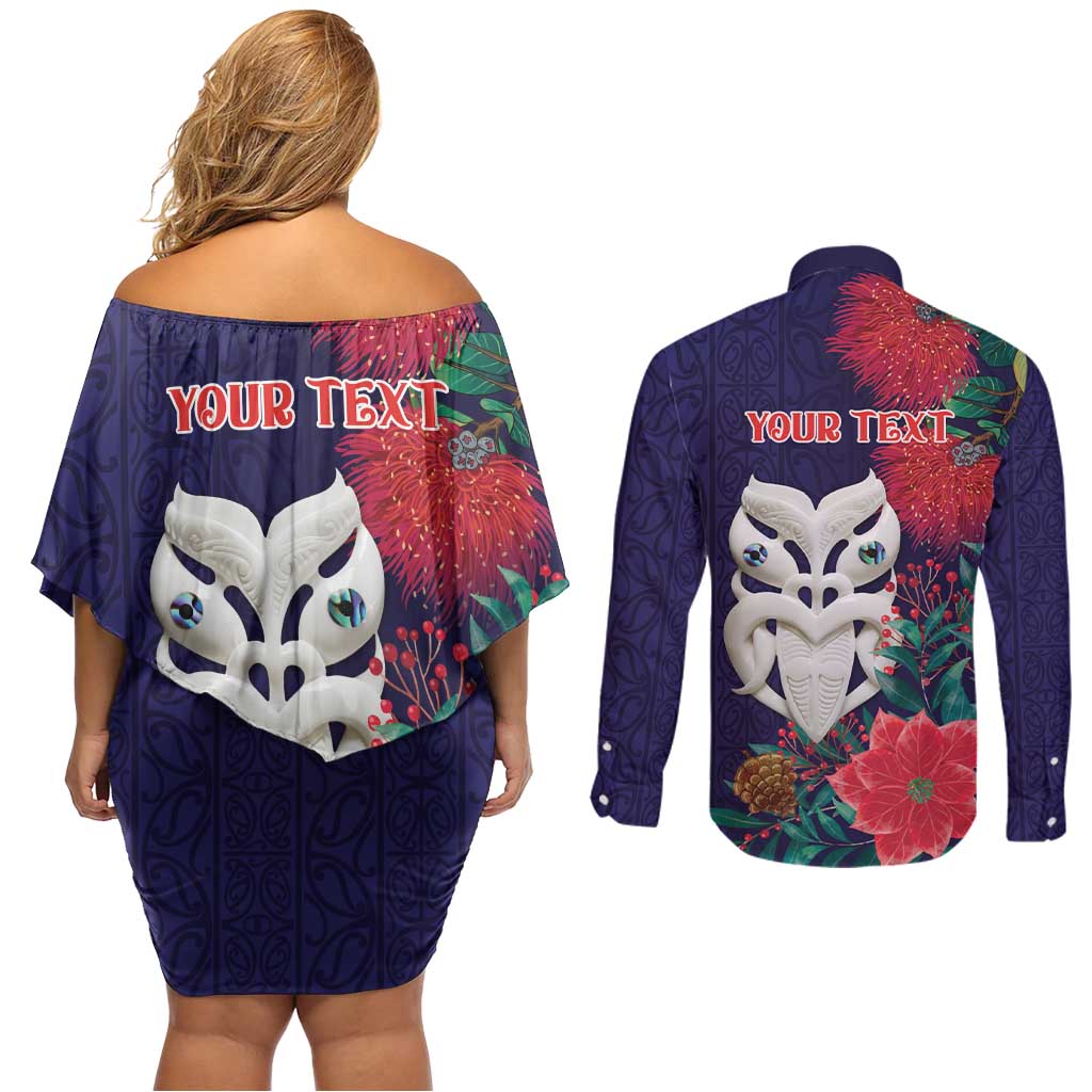 Maori Wheku Meri Kirihimete Personalised Couples Matching Off Shoulder Short Dress and Long Sleeve Button Shirt All Blue Indigenous Maori Motif - Aussie Hoodie