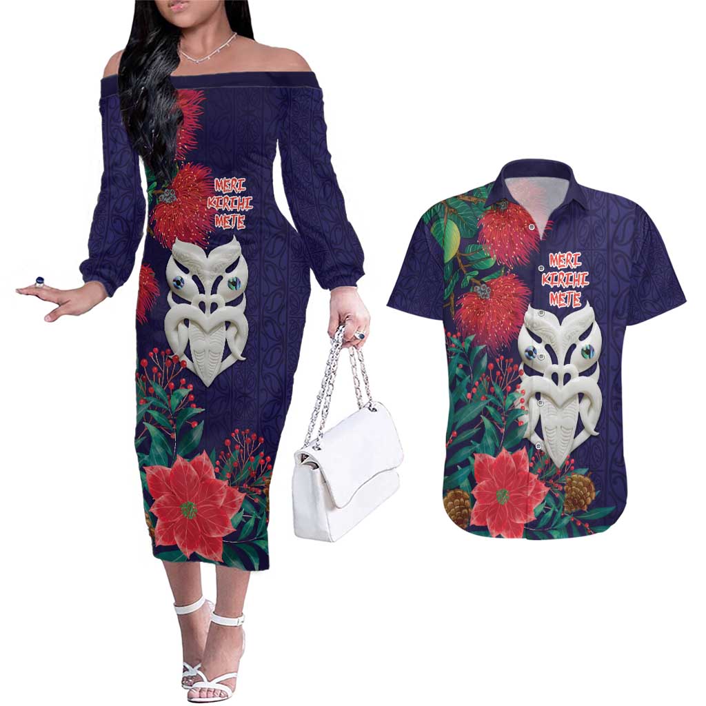 Maori Wheku Meri Kirihimete Personalised Couples Matching Off The Shoulder Long Sleeve Dress and Hawaiian Shirt All Blue Indigenous Maori Motif - Aussie Hoodie