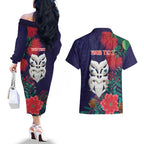 Maori Wheku Meri Kirihimete Personalised Couples Matching Off The Shoulder Long Sleeve Dress and Hawaiian Shirt All Blue Indigenous Maori Motif - Aussie Hoodie