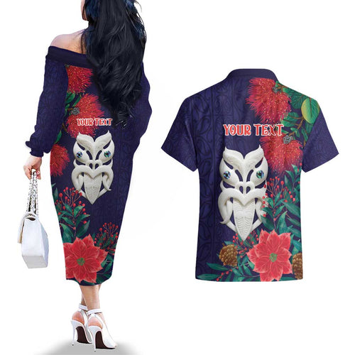 Maori Wheku Meri Kirihimete Personalised Couples Matching Off The Shoulder Long Sleeve Dress and Hawaiian Shirt All Blue Indigenous Maori Motif - Aussie Hoodie