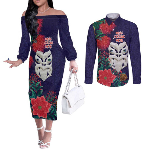Maori Wheku Meri Kirihimete Personalised Couples Matching Off The Shoulder Long Sleeve Dress and Long Sleeve Button Shirt All Blue Indigenous Maori Motif - Aussie Hoodie