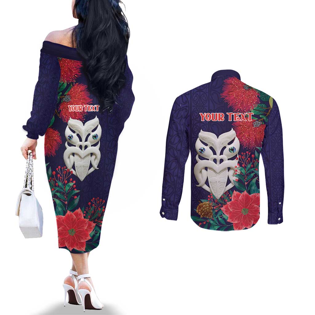 Maori Wheku Meri Kirihimete Personalised Couples Matching Off The Shoulder Long Sleeve Dress and Long Sleeve Button Shirt All Blue Indigenous Maori Motif - Aussie Hoodie