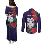 Maori Wheku Meri Kirihimete Personalised Couples Matching Puletasi and Long Sleeve Button Shirt All Blue Indigenous Maori Motif - Aussie Hoodie