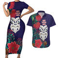 Maori Wheku Meri Kirihimete Personalised Couples Matching Short Sleeve Bodycon Dress and Hawaiian Shirt All Blue Indigenous Maori Motif - Aussie Hoodie