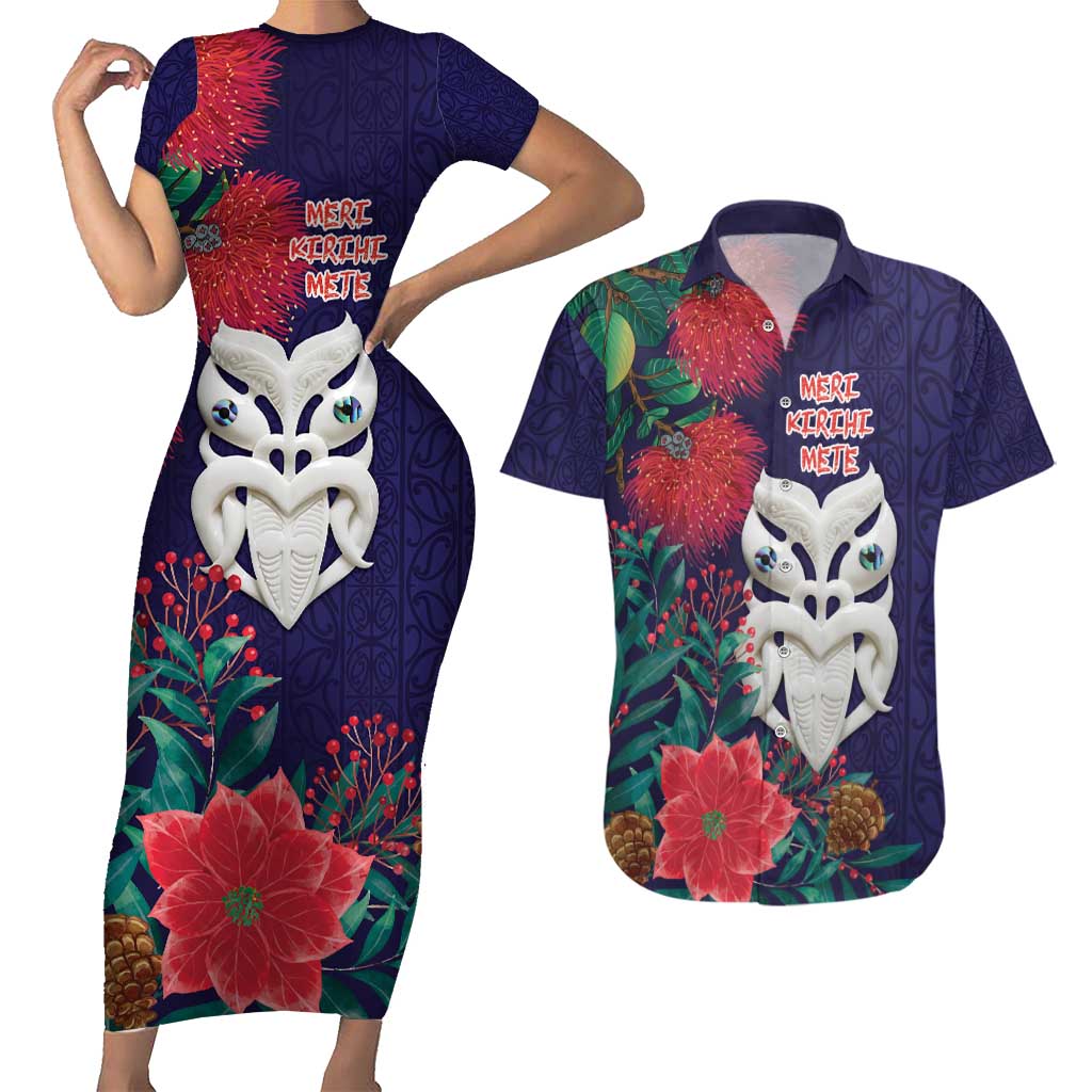Maori Wheku Meri Kirihimete Personalised Couples Matching Short Sleeve Bodycon Dress and Hawaiian Shirt All Blue Indigenous Maori Motif - Aussie Hoodie