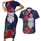 Maori Wheku Meri Kirihimete Personalised Couples Matching Short Sleeve Bodycon Dress and Hawaiian Shirt All Blue Indigenous Maori Motif - Aussie Hoodie