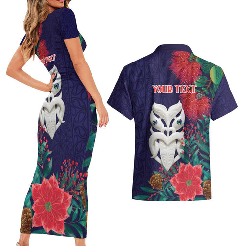 Maori Wheku Meri Kirihimete Personalised Couples Matching Short Sleeve Bodycon Dress and Hawaiian Shirt All Blue Indigenous Maori Motif - Aussie Hoodie
