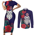 Maori Wheku Meri Kirihimete Personalised Couples Matching Short Sleeve Bodycon Dress and Long Sleeve Button Shirt All Blue Indigenous Maori Motif - Aussie Hoodie