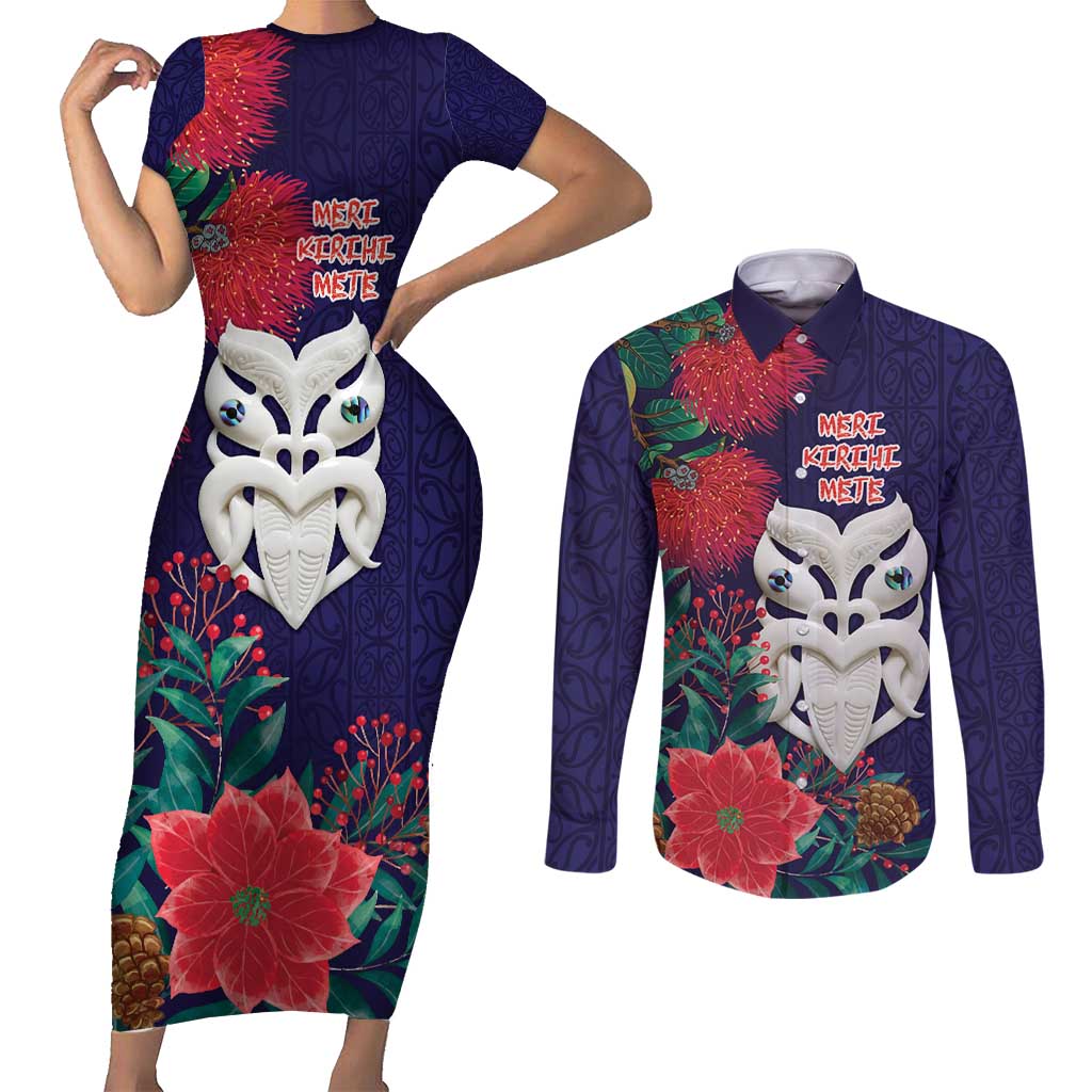 Maori Wheku Meri Kirihimete Personalised Couples Matching Short Sleeve Bodycon Dress and Long Sleeve Button Shirt All Blue Indigenous Maori Motif - Aussie Hoodie