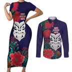 Maori Wheku Meri Kirihimete Personalised Couples Matching Short Sleeve Bodycon Dress and Long Sleeve Button Shirt All Blue Indigenous Maori Motif - Aussie Hoodie
