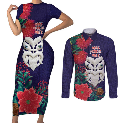 Maori Wheku Meri Kirihimete Personalised Couples Matching Short Sleeve Bodycon Dress and Long Sleeve Button Shirt All Blue Indigenous Maori Motif - Aussie Hoodie