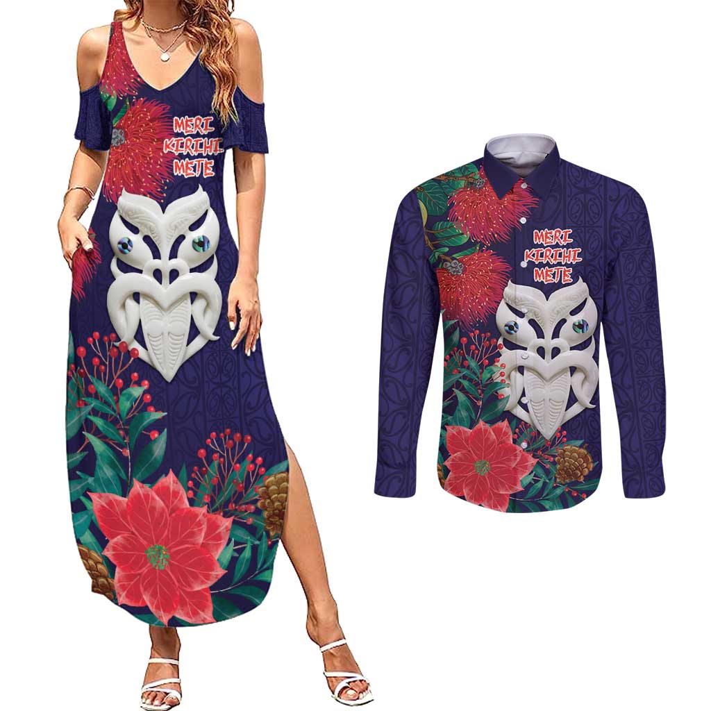 Maori Wheku Meri Kirihimete Personalised Couples Matching Summer Maxi Dress and Long Sleeve Button Shirt All Blue Indigenous Maori Motif - Aussie Hoodie