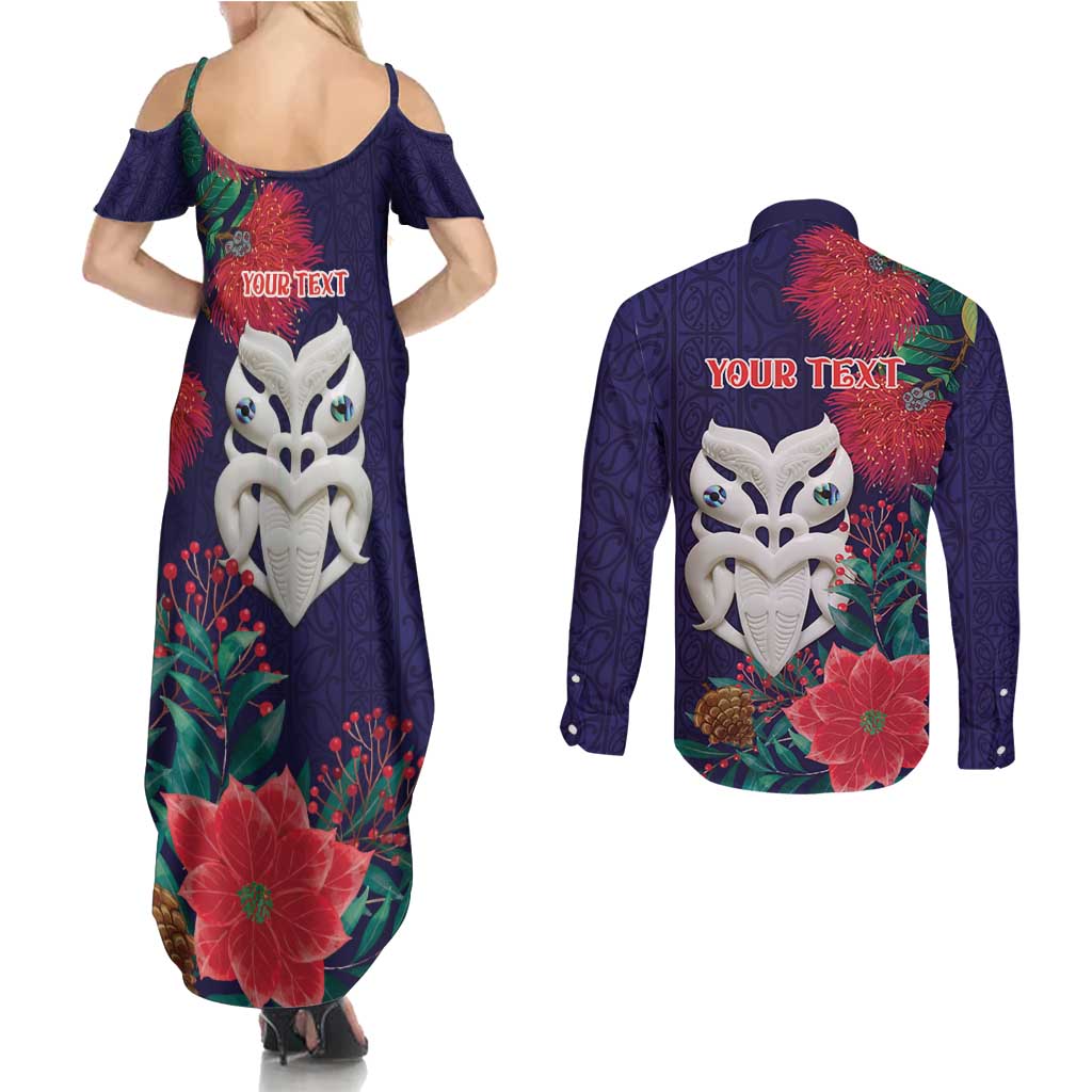 Maori Wheku Meri Kirihimete Personalised Couples Matching Summer Maxi Dress and Long Sleeve Button Shirt All Blue Indigenous Maori Motif - Aussie Hoodie