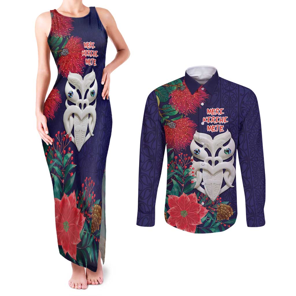 Maori Wheku Meri Kirihimete Personalised Couples Matching Tank Maxi Dress and Long Sleeve Button Shirt All Blue Indigenous Maori Motif - Aussie Hoodie