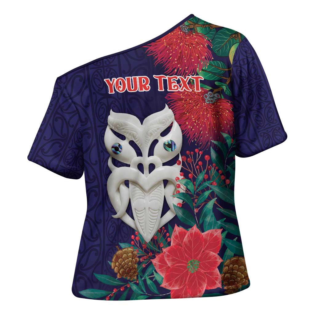 Maori Wheku Meri Kirihimete Personalised Cross Shoulder Shirt All Blue Indigenous Maori Motif - Aussie Hoodie