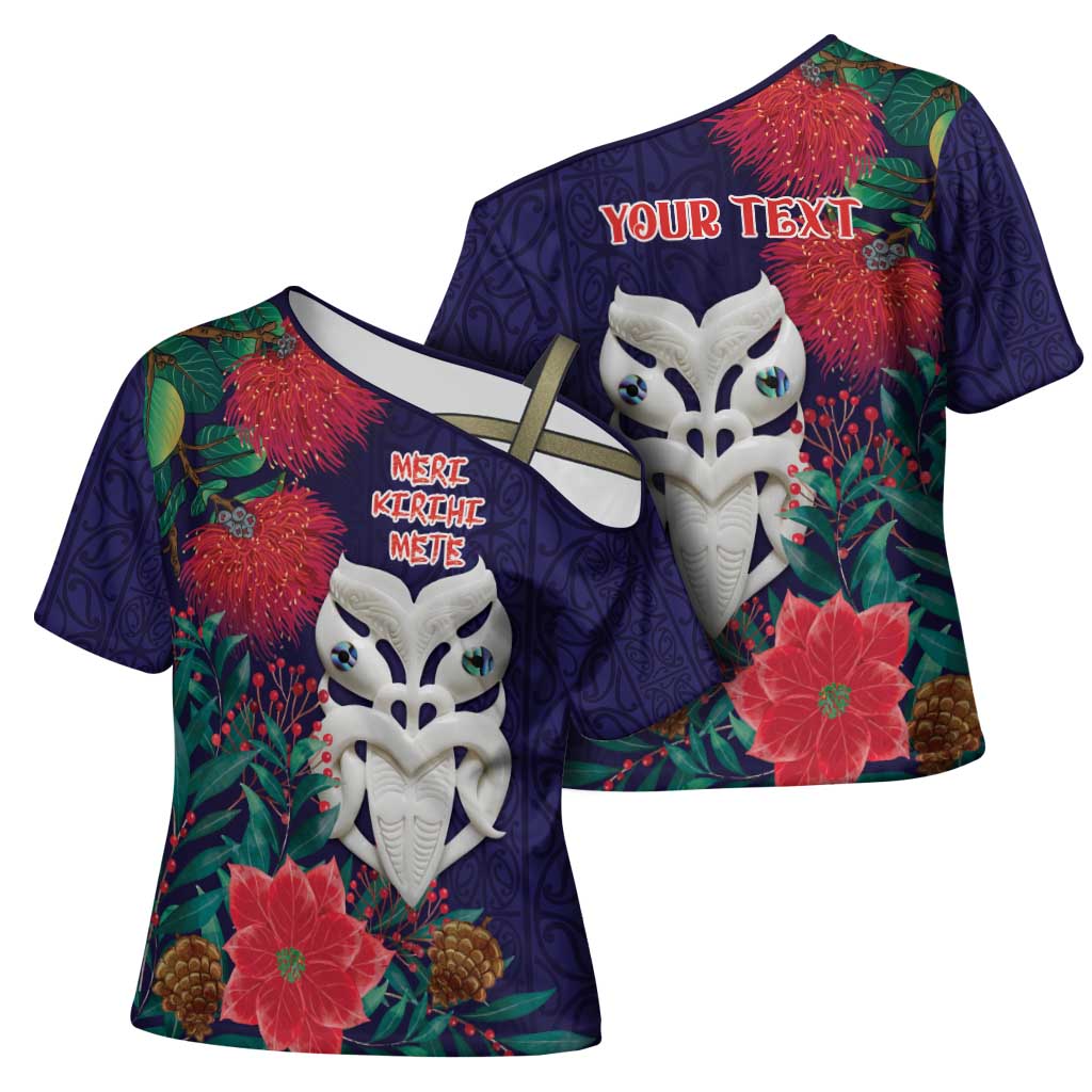 Maori Wheku Meri Kirihimete Personalised Cross Shoulder Shirt All Blue Indigenous Maori Motif - Aussie Hoodie