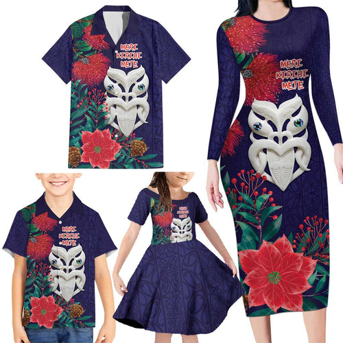 Maori Wheku Meri Kirihimete Personalised Family Matching Long Sleeve Bodycon Dress and Hawaiian Shirt All Blue Indigenous Maori Motif - Aussie Hoodie
