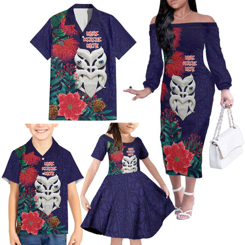 Maori Wheku Meri Kirihimete Personalised Family Matching Off The Shoulder Long Sleeve Dress and Hawaiian Shirt All Blue Indigenous Maori Motif - Aussie Hoodie