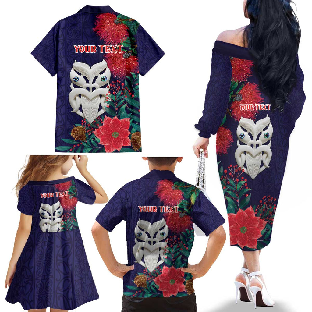 Maori Wheku Meri Kirihimete Personalised Family Matching Off The Shoulder Long Sleeve Dress and Hawaiian Shirt All Blue Indigenous Maori Motif - Aussie Hoodie