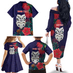 Maori Wheku Meri Kirihimete Personalised Family Matching Off The Shoulder Long Sleeve Dress and Hawaiian Shirt All Blue Indigenous Maori Motif - Aussie Hoodie