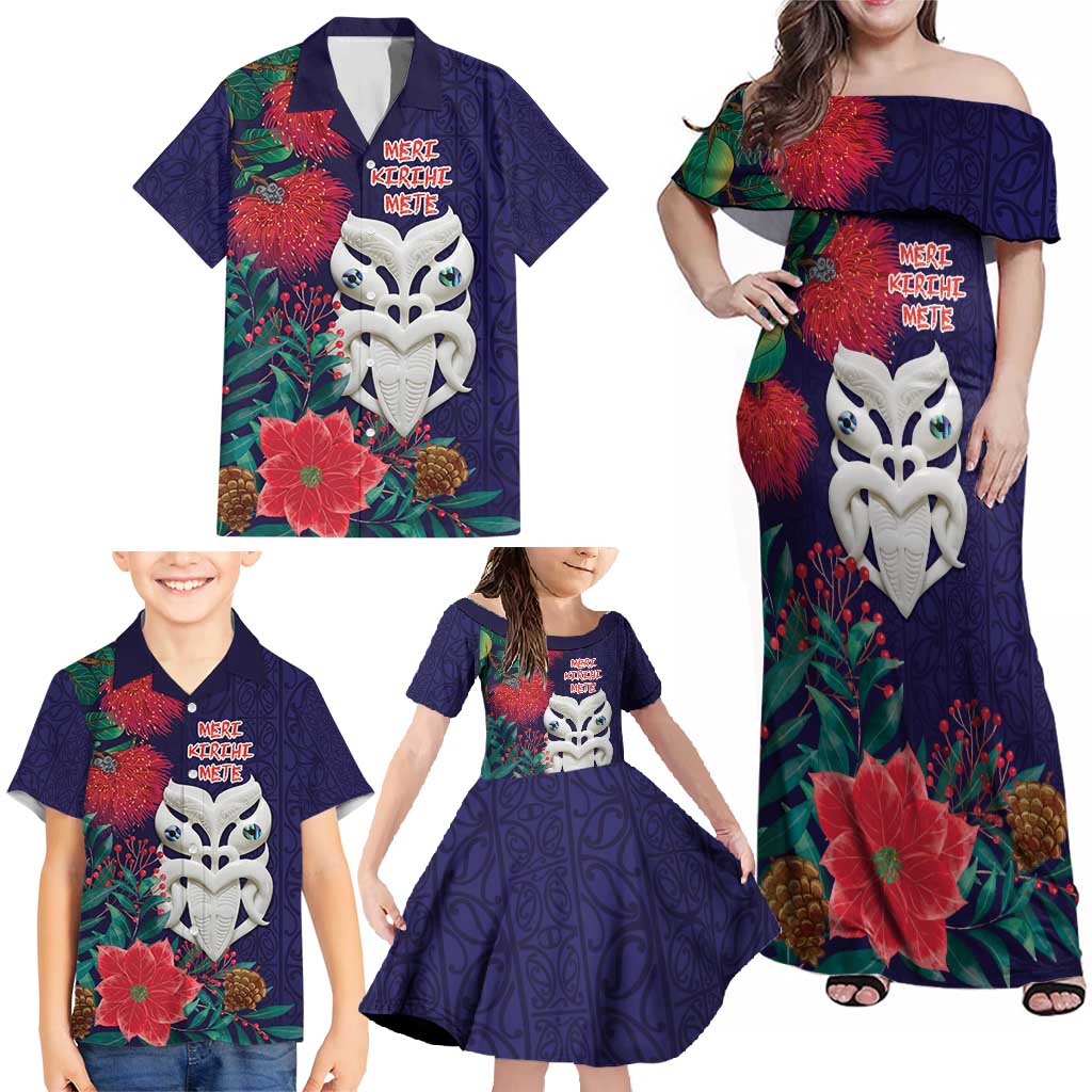 Maori Wheku Meri Kirihimete Personalised Family Matching Off Shoulder Maxi Dress and Hawaiian Shirt All Blue Indigenous Maori Motif - Aussie Hoodie