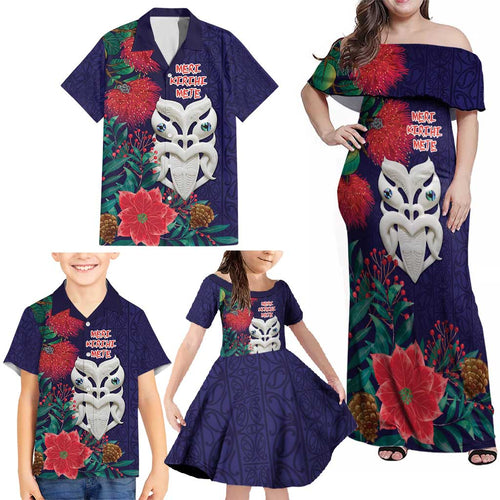 Maori Wheku Meri Kirihimete Personalised Family Matching Off Shoulder Maxi Dress and Hawaiian Shirt All Blue Indigenous Maori Motif - Aussie Hoodie
