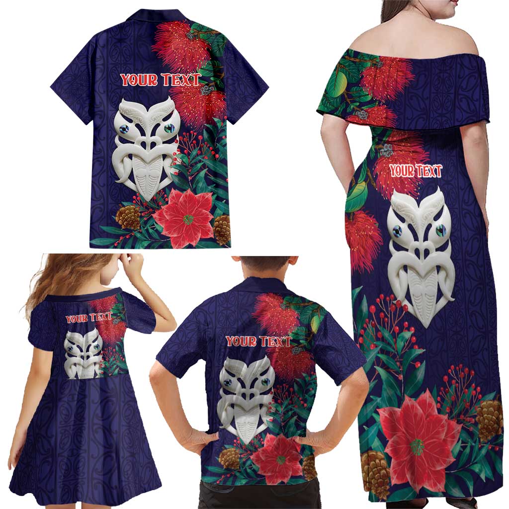 Maori Wheku Meri Kirihimete Personalised Family Matching Off Shoulder Maxi Dress and Hawaiian Shirt All Blue Indigenous Maori Motif - Aussie Hoodie