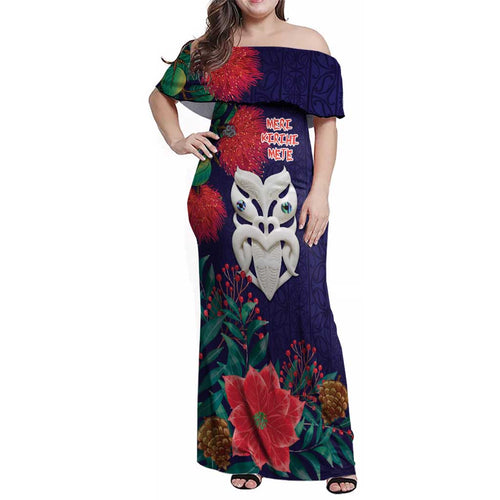 Maori Wheku Meri Kirihimete Personalised Family Matching Off Shoulder Maxi Dress and Hawaiian Shirt All Blue Indigenous Maori Motif - Aussie Hoodie
