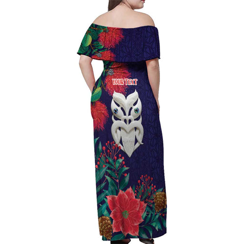 Maori Wheku Meri Kirihimete Personalised Family Matching Off Shoulder Maxi Dress and Hawaiian Shirt All Blue Indigenous Maori Motif - Aussie Hoodie