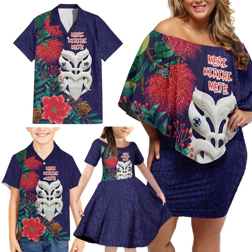 Maori Wheku Meri Kirihimete Personalised Family Matching Off Shoulder Short Dress and Hawaiian Shirt All Blue Indigenous Maori Motif - Aussie Hoodie