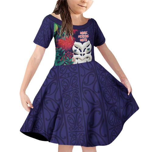 Maori Wheku Meri Kirihimete Personalised Family Matching Off Shoulder Short Dress and Hawaiian Shirt All Blue Indigenous Maori Motif - Aussie Hoodie