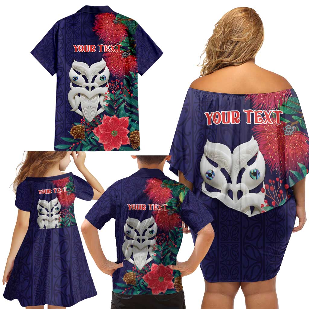 Maori Wheku Meri Kirihimete Personalised Family Matching Off Shoulder Short Dress and Hawaiian Shirt All Blue Indigenous Maori Motif - Aussie Hoodie