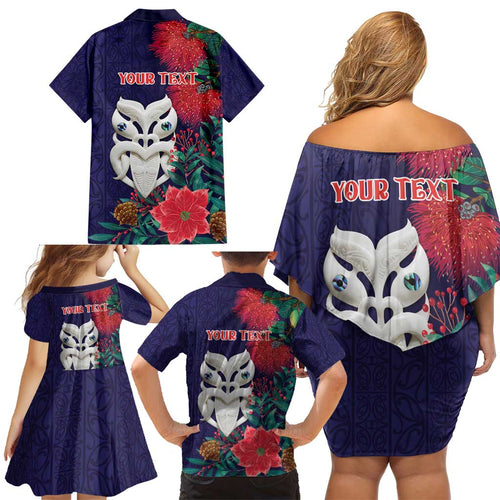 Maori Wheku Meri Kirihimete Personalised Family Matching Off Shoulder Short Dress and Hawaiian Shirt All Blue Indigenous Maori Motif - Aussie Hoodie