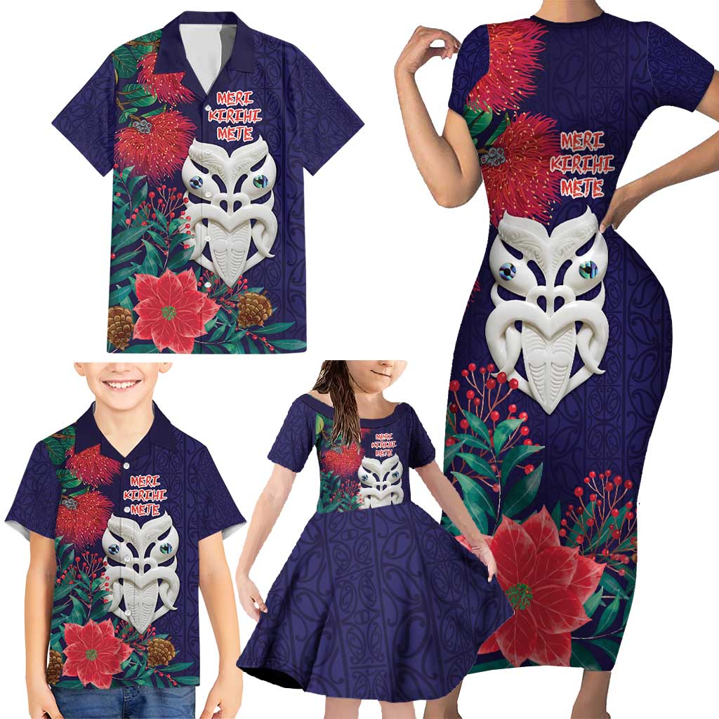 Maori Wheku Meri Kirihimete Personalised Family Matching Short Sleeve Bodycon Dress and Hawaiian Shirt All Blue Indigenous Maori Motif - Aussie Hoodie