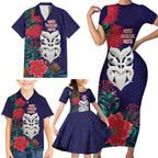 Maori Wheku Meri Kirihimete Personalised Family Matching Short Sleeve Bodycon Dress and Hawaiian Shirt All Blue Indigenous Maori Motif - Aussie Hoodie