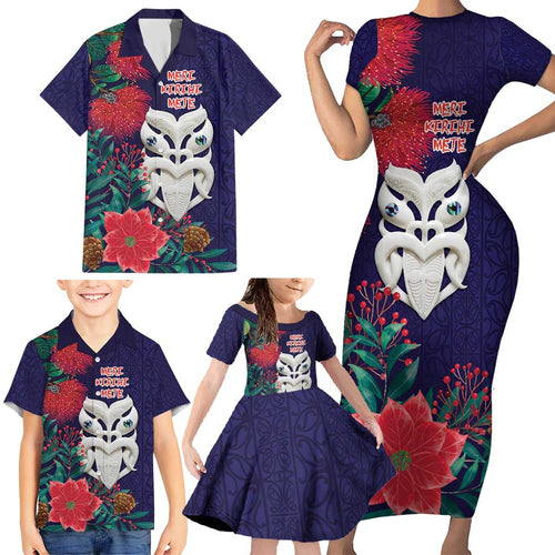 Maori Wheku Meri Kirihimete Personalised Family Matching Short Sleeve Bodycon Dress and Hawaiian Shirt All Blue Indigenous Maori Motif - Aussie Hoodie