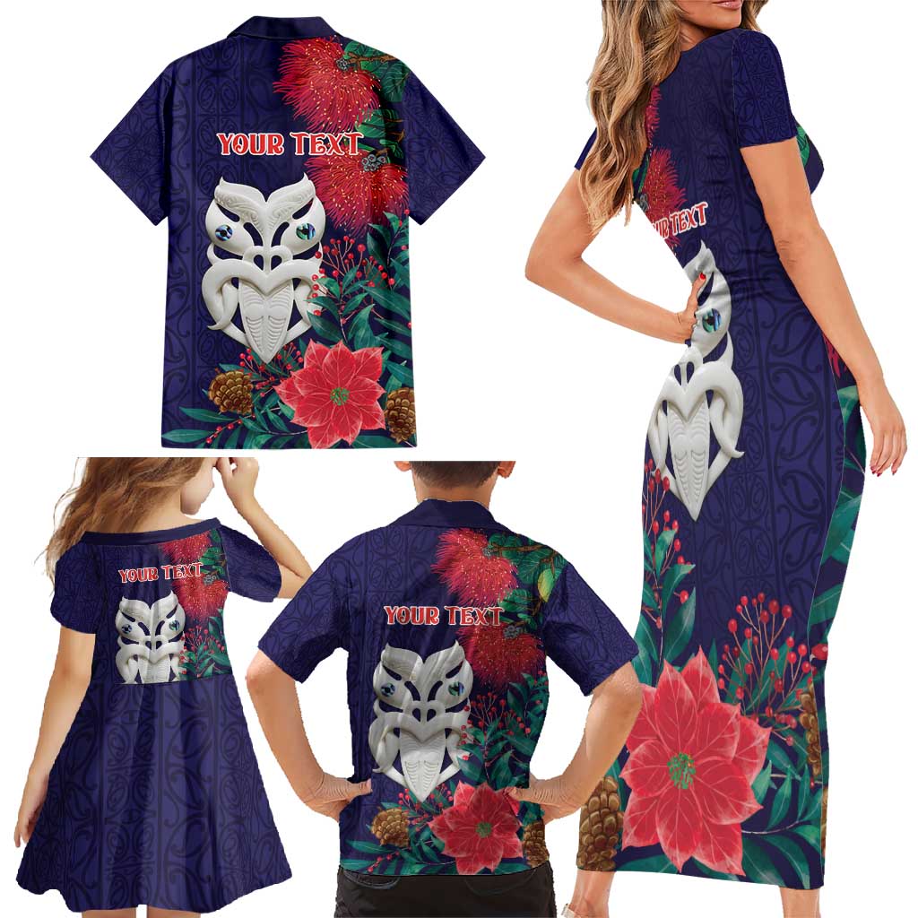 Maori Wheku Meri Kirihimete Personalised Family Matching Short Sleeve Bodycon Dress and Hawaiian Shirt All Blue Indigenous Maori Motif - Aussie Hoodie