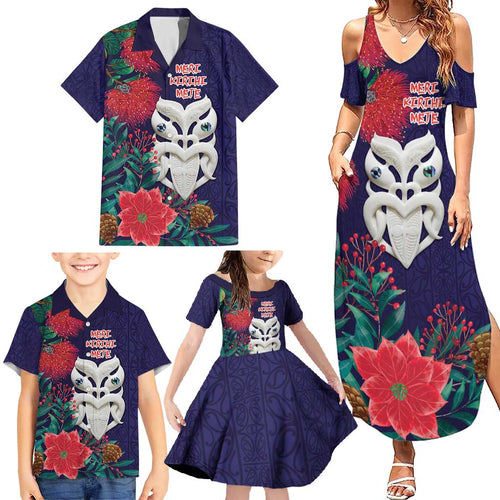 Maori Wheku Meri Kirihimete Personalised Family Matching Summer Maxi Dress and Hawaiian Shirt All Blue Indigenous Maori Motif - Aussie Hoodie