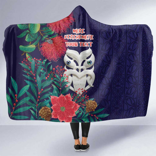 Maori Wheku Meri Kirihimete Personalised Hooded Blanket All Blue Indigenous Maori Motif - Aussie Hoodie