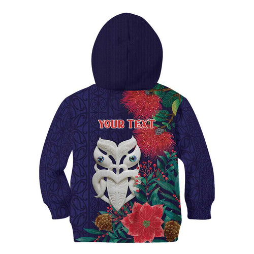 Maori Wheku Meri Kirihimete Personalised Kid Hoodie All Blue Indigenous Maori Motif - Aussie Hoodie