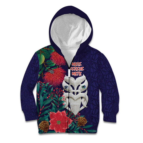 Maori Wheku Meri Kirihimete Personalised Kid Hoodie All Blue Indigenous Maori Motif - Aussie Hoodie