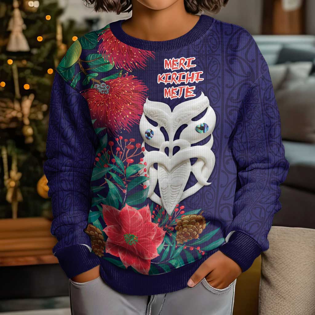 Maori Wheku Meri Kirihimete Personalised Kid Ugly Christmas Sweater All Blue Indigenous Maori Motif - Aussie Hoodie