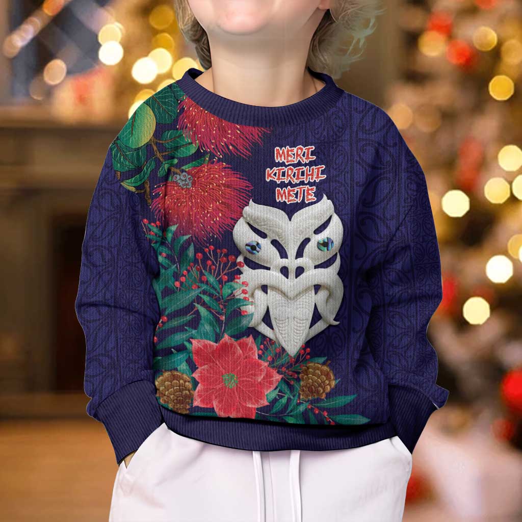 Maori Wheku Meri Kirihimete Personalised Kid Ugly Christmas Sweater All Blue Indigenous Maori Motif - Aussie Hoodie