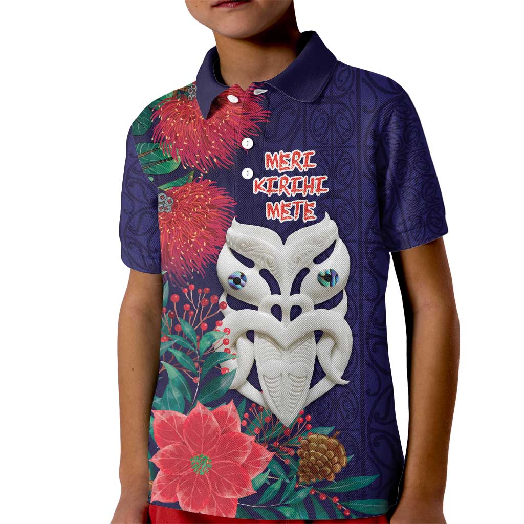Maori Wheku Meri Kirihimete Personalised Kid Polo Shirt All Blue Indigenous Maori Motif - Aussie Hoodie