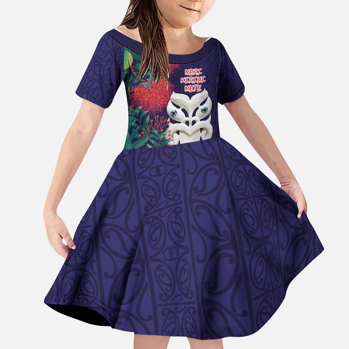 Maori Wheku Meri Kirihimete Personalised Kid Short Sleeve Dress All Blue Indigenous Maori Motif - Aussie Hoodie