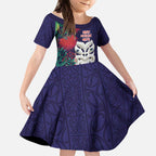 Maori Wheku Meri Kirihimete Personalised Kid Short Sleeve Dress All Blue Indigenous Maori Motif - Aussie Hoodie