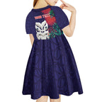 Maori Wheku Meri Kirihimete Personalised Kid Short Sleeve Dress All Blue Indigenous Maori Motif - Aussie Hoodie