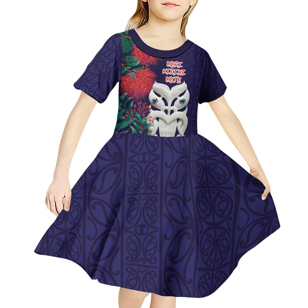 Maori Wheku Meri Kirihimete Personalised Kid Short Sleeve Dress All Blue Indigenous Maori Motif - Aussie Hoodie