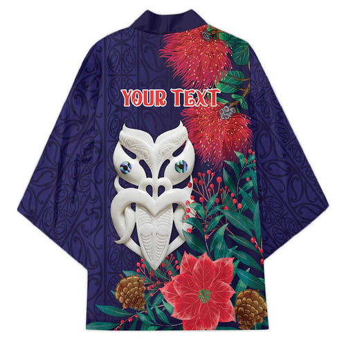 Maori Wheku Meri Kirihimete Personalised Kimono All Blue Indigenous Maori Motif - Aussie Hoodie