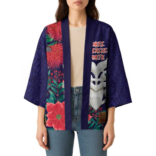 Maori Wheku Meri Kirihimete Personalised Kimono All Blue Indigenous Maori Motif - Aussie Hoodie
